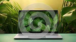 Laptop in green vegetation, representing eco friendliness in build materials