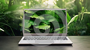 Laptop in green vegetation, representing eco friendliness in build materials