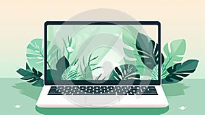 Laptop in green vegetation, representing eco friendliness in build materials