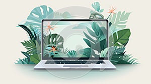 Laptop in green vegetation, representing eco friendliness in build materials