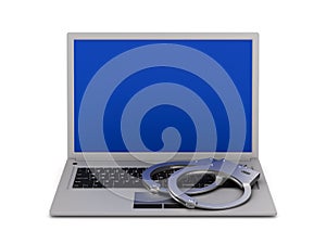 Laptop and handcuff on white background. Isolated 3D illustration