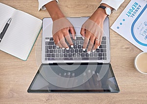 Laptop, hands and business woman typing while doing research for a corporate project in her office. Technology, desk and