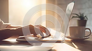 The laptop and hands illuminated by warm morning sunlight AI generated image