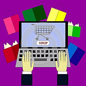 Laptop with hands online shopping with computer