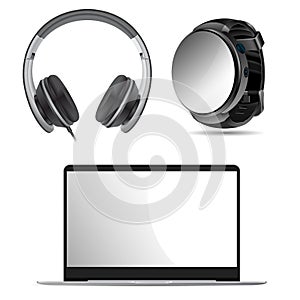 Laptop, headphone, watch mockup. Sreen, earphone