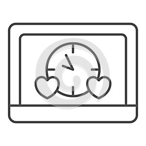 Laptop, hearts, clock, dating site, chat online thin line icon, speed dating concept, date vector sign on white
