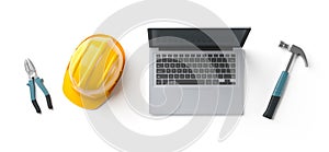 Laptop, helmet and construction tools on background