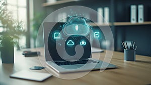 Laptop with Holographic Cloud Computing & Data Security Icons