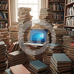 A laptop among the huge number of books in the library.