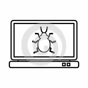 Laptop icon with a bug icon, outline style