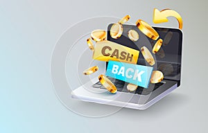 Laptop icon cash back, bonus coin, computer money finance. Vector