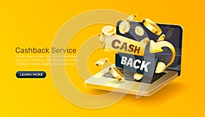 Laptop icon cash back, bonus coin, computer money finance. Vector