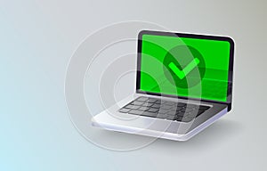 Laptop icon check mark, notebook approve, computer accept. Vector