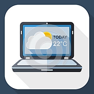 Laptop icon with weather widget on the screen and long shadow