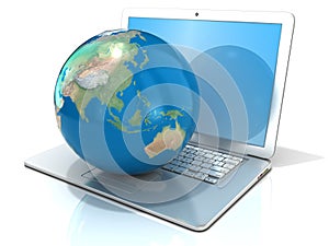 Laptop with illustration of earth globe, Asia and Oceania view