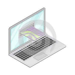 Laptop with Inserted Plastic or Credit Card as Financial Accounting and Summary Isometric Vector Composition