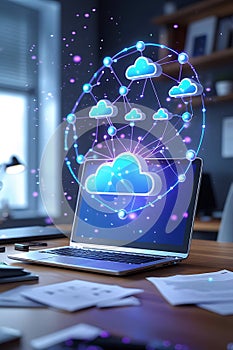 Laptop with Interconnected Cloud Network and Digital Data Visualization computer