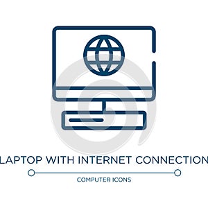 Laptop with internet connection icon. Linear vector illustration from computer workers collection. Outline laptop with internet