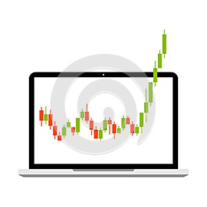 Laptop with Japanese Candlestick Chart Showing Growth Trend. Vector