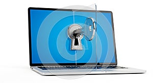 Laptop with Keyhole and Key on Screen Symbolizing Digital Security computer display