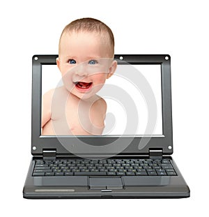 Laptop with laughing baby