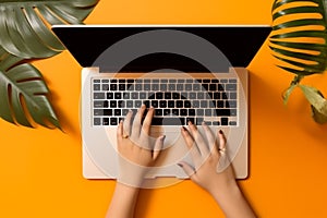 laptop leaf computer palm orange business job office hand keyboard background. Generative AI.
