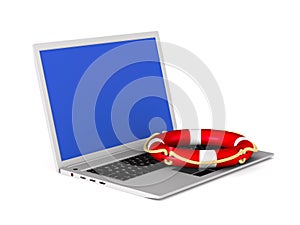 Laptop and life ring on white background. Isolated 3d illustration
