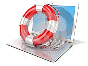 Laptop with lifebuoy. Concept of computer, online help and safety internet surfing