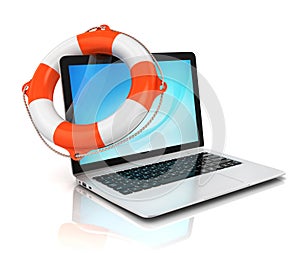 Laptop with lifebuoy - support and service 3d concept