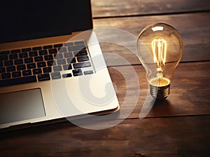 Laptop and light bulb on wooden table. Business idea concept.