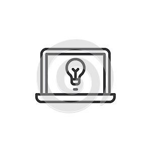 Laptop with ligth bulb line icon photo