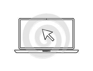 Laptop linear with pointer in flat style. Linear icon. Vector flat illustration. Mobile internet technology. Digital vector