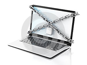 Laptop with lock and chain. Data security concept.