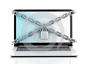 Laptop with lock and chain. Data security concept.