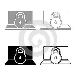 Laptop lock personal data security cyber access concept locked padlock use set icon grey black color vector illustration image