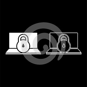 Laptop lock personal data security cyber access concept locked padlock use set icon white color vector illustration image solid