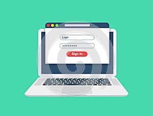 Laptop with login and password form page on screen. Sign in to account, user authorization, login authentication page