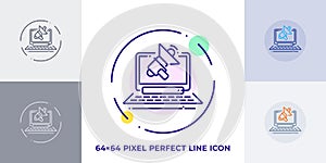 Laptop with loudspeaker line art vector icon. Outline symbol of advertising. Business promotion pictogram