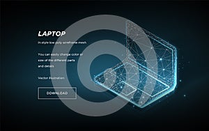 Laptop low poly wireframe on dark background.Symbol future or innovation.Plexus lines and points in the constellation.Vector