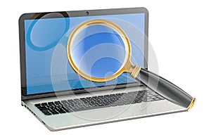 Laptop with magnifier glass, 3D rendering
