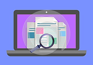 Laptop with magnifying glass on screen. Web search, internet search concepts. Flat design vector illustration