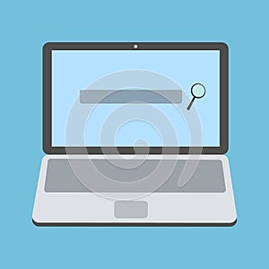Laptop with magnifying glass on screen. Web search, internet search concepts. Modern long shadow flat design vector illustration