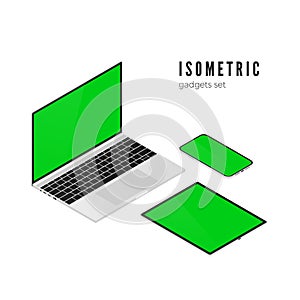 Laptop and mobile phone, tablet isometric view. Isometric gadgets set with green screens for banner design. Vector illustration