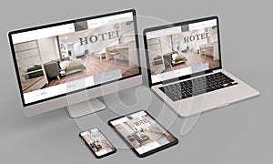 Laptop, mobile and tablet 3d rendering showing hotel responsive web design .3d illustration