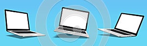 Laptop mock up with blank screen isolated. Float or levitate laptops with shadow