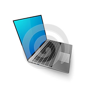 Laptop mock up. 3D laptop with bkue screen for you design or banner. Vector illustration isolated on white background