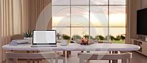 Laptop mockup and decor on dining table in modern contemporary home living room