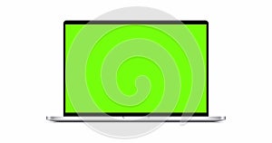 Laptop mockup with green screen, front view, isolated on white background