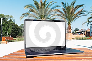 laptop mockup. Notebook with white screen with palm tree leafs on background. Vacation, traveling and remote work and