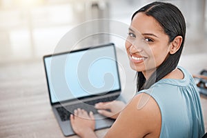 Laptop, mockup screen and professional happy woman, portrait receptionist or web administration smile for business